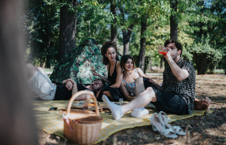 Group of friends enjoying a sunny picnic in the park with a tent and basketの写真素材