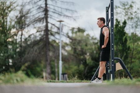 Fit man standing on outdoor gym equipment in a park during a workout session