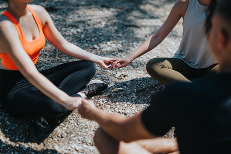 Group of friends practicing yoga outdoors in a peaceful natural environmentの写真素材