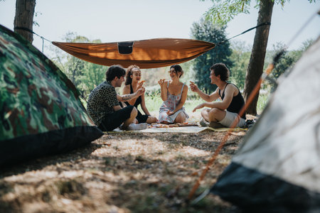 Friends gather for a cheerful camping picnic under a tarp in a sunny forest campsiteの写真素材