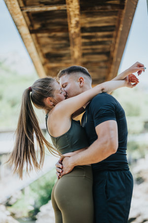 Romantic couple embracing under a rustic bridge in a natural outdoors settingの写真素材