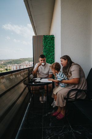 Family enjoying tea on a balcony, mother with child and father, relaxing afternoon together outsideの写真素材