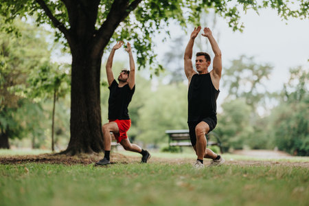 Two men doing yoga in the park, outdoors fitness workout under trees and sunshineの写真素材