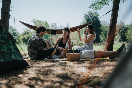Friends enjoy a sunny park camping and picnic under a hammock with a wicker basketの写真素材