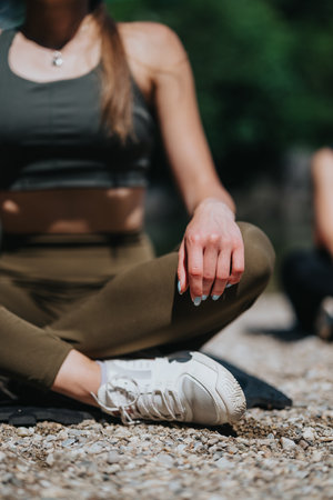 Yoga practice near a riverside surrounded by nature and tranquilityの写真素材