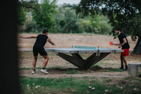 Two friends compete in outdoor table tennis at the park, intense and focusedの写真素材