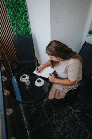 Woman writes in notebook at glass balcony table with coffee, plants, and modern outdoor furnitureの写真素材