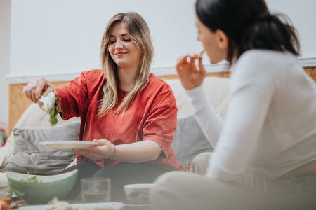 Two female friends enjoying a casual meal together at homeの写真素材