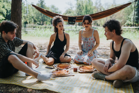Friends share a sunny outdoor pizza picnic on a checkered blanket beneath a hammock, enjoying laughter and connectionの写真素材
