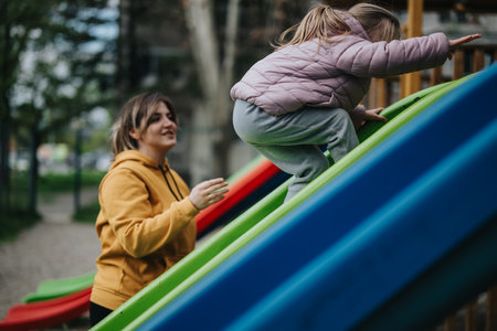 Mother guiding her daughter climbing a colorful slide in the parkの写真素材