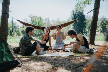 Friends enjoy a sunny outdoor picnic on a blanket under trees, sharing food and conversationsの写真素材
