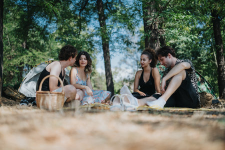 Friends enjoy a forest campsite picnic with tents, conversation, and relaxed outdoor vibesの写真素材