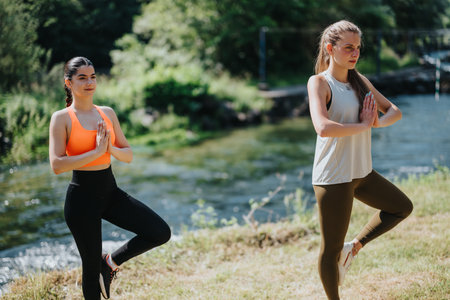 Yoga session near a river with two women in tree pose outdoorsの写真素材
