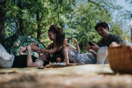 Friends enjoy a sunny park picnic with tent and blanket, sharing laughter and conversation outdoorsの写真素材