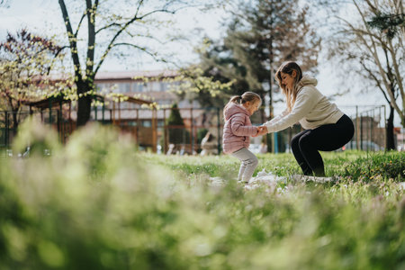 Mother helps daughter play in park on a sunny spring dayの写真素材