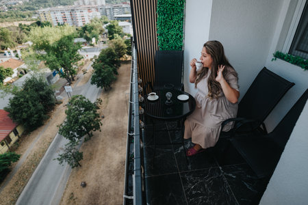 Woman enjoying coffee on a balcony with city view, relaxing afternoon momentの写真素材