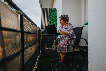 Woman in floral dress working on laptop at a small outdoor balcony workspace with chairsの写真素材