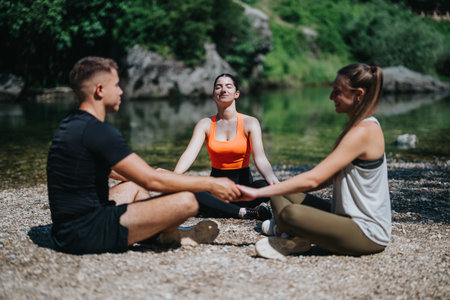 Group of friends practicing yoga together by a tranquil riversideの写真素材
