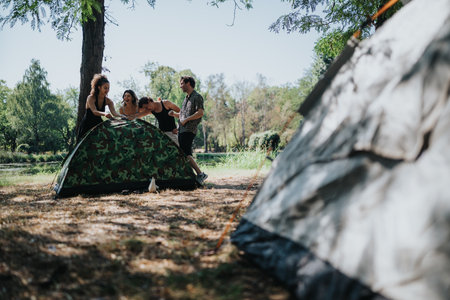 Friends gather around a camo tent during a sunny outdoor camping trip in the parkの写真素材