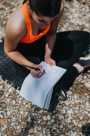 Woman sketching outdoors during a sunny day while sitting on gravel pathの写真素材