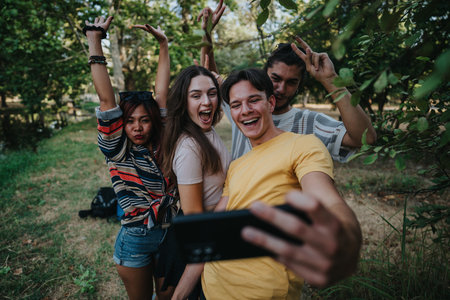 Group of Friends Taking a Selfie in the Park, Laughing and Having Summer Fun Togetherの写真素材