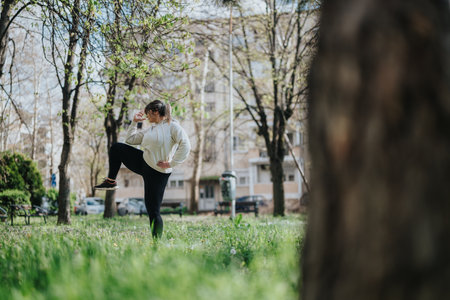 Woman practicing fitness exercises outdoors in a green park for wellnessの写真素材