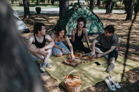 Friends enjoy a pizza picnic during a camping trip in the forest with tents nearbyの写真素材