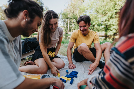 Group of friends enjoying a sunny outdoor picnic and playing with blue and yellow blocks