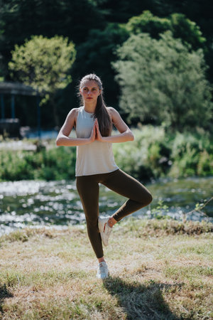 Woman practicing yoga balancing pose outdoors near a scenic river landscapeの写真素材