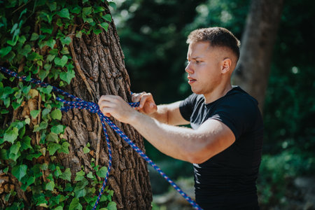 Man tying a rope around a tree in a outdoor forest settingの写真素材