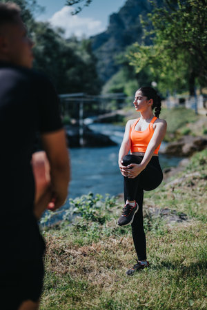 Woman stretching by the river during outdoor fitness session on a sunny dayの写真素材
