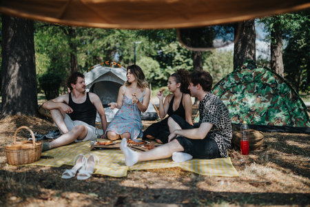 Friends enjoy a picnic at a campsite with tents, blankets, and snacks.の写真素材