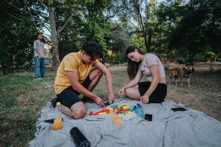 Two friends have a picnic in the park, playing with colorful blocks while a dog watches nearbyの写真素材