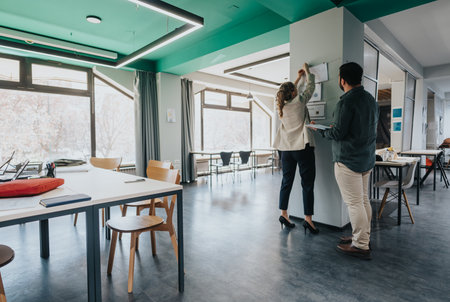 Two colleagues collaborating in a modern office environmentの写真素材