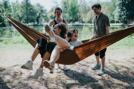 Friends relax in a brown hammock outdoors in a sunny park by a lakeの写真素材