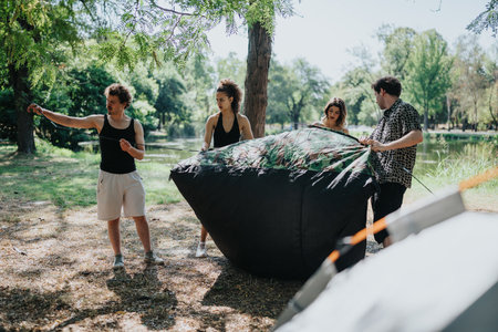 Friends gather in a park to set up a large tarp during a camping outingの写真素材