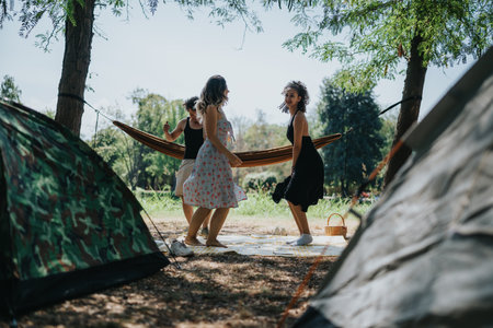 Friends enjoy a sunny campsite with a hammock between trees and tents nearbyの写真素材
