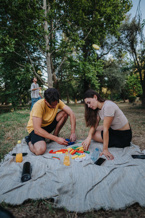 Two friends enjoy a casual park picnic, playing with colorful blocks on a blanket