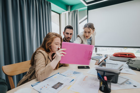 Team collaborating on a project with tablet and documents in an office setup