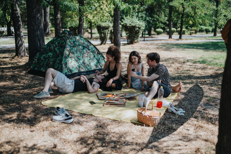 Friends enjoy a sunny group picnic in the park with a camouflage tent and colorful blanket for...
