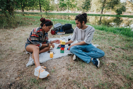 Two friends enjoy an outdoor park picnic, building colorful blocks together on a blanket in a...