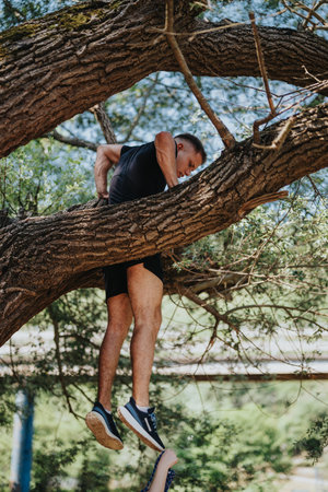 Man climbing a tree with support assistance outdoors on a sunny dayの写真素材