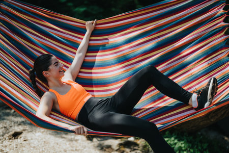 Woman Relaxing on a Colorful Hammock Outdoors in a Peaceful Environmentの写真素材