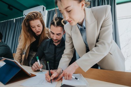 Collaborative business team discussing documents at a workplaceの写真素材