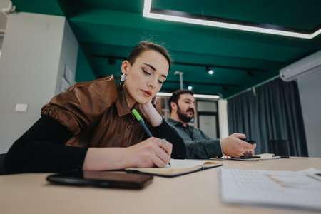 Two coworkers collaborating together in a modern office workspace.の写真素材