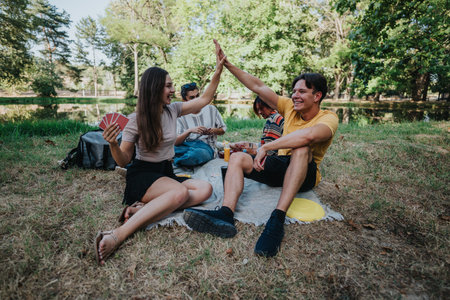 Friends share a joyful picnic in the park, playing cards and giving high fiveの写真素材