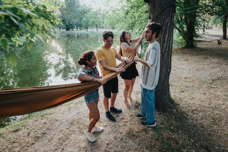 Friends build a hammock together in a sunny park beside a calm lakeの写真素材