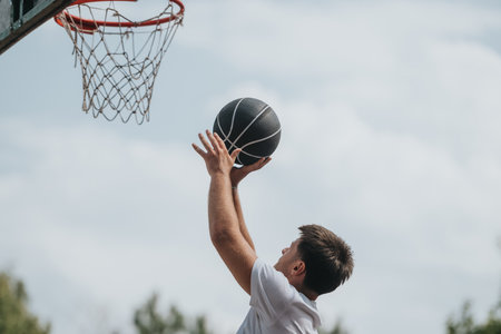 Young boy reaches for a basketball shot at an outdoor hoop under a blue skyの写真素材