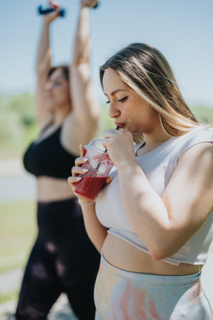 Two women enjoy a healthy outdoor workout while focusing on hydration and lifestyle healthの写真素材