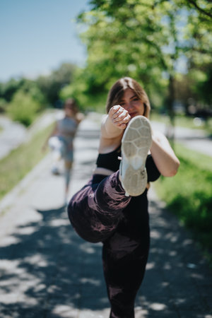 Young woman performing a high kick during a fitness workout outdoors, embodying energy and determinationの写真素材